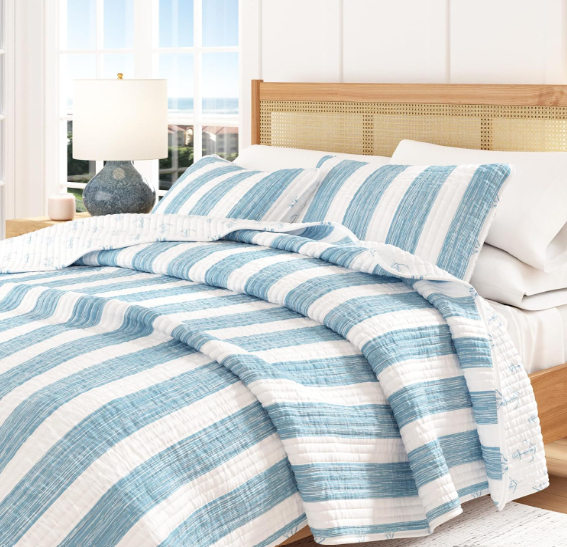 blue and white striped bedding going coastal for under $100
