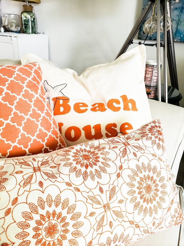 Orange and white beach pillows in cotton canvas so easy to clean