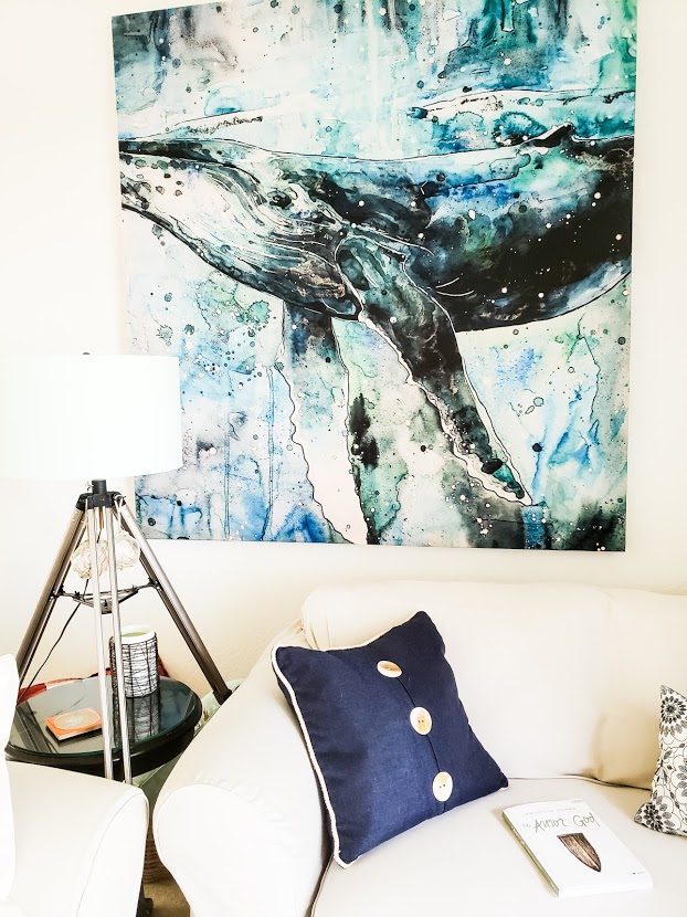 Watercolor whale wall art from shower curtain