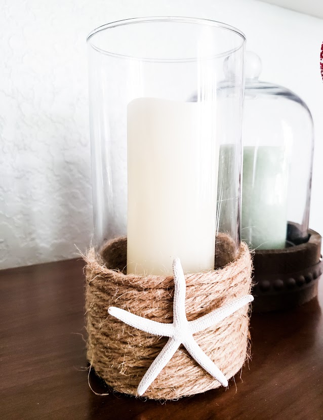 Starfish and rope wrapped glass candle holder