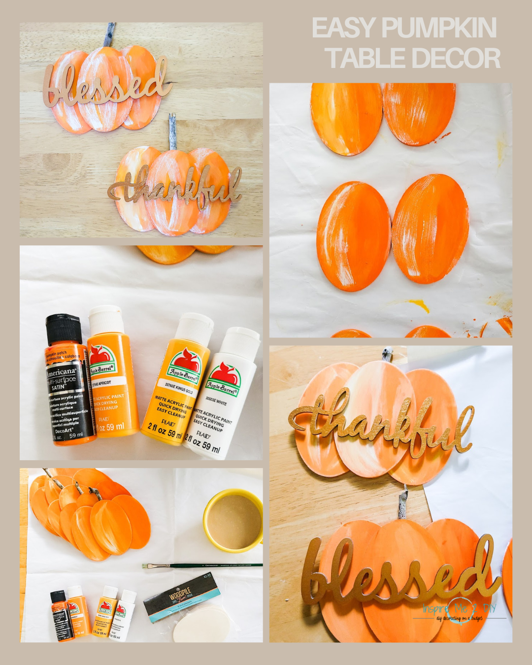 collage of 5 photos of all easy pumpkin table decor craft