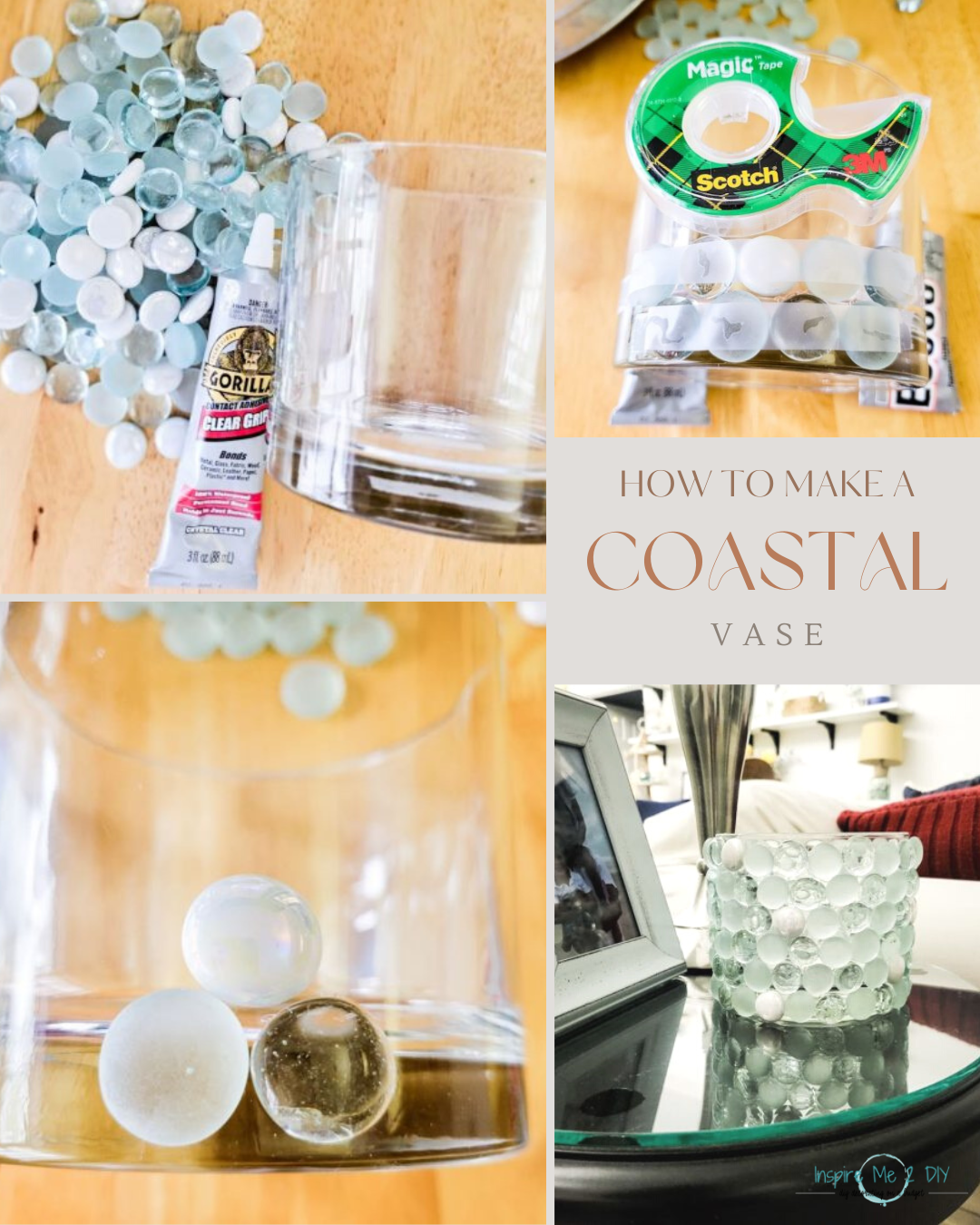 collage of 4 photos of coastal glass beads into vases craft project