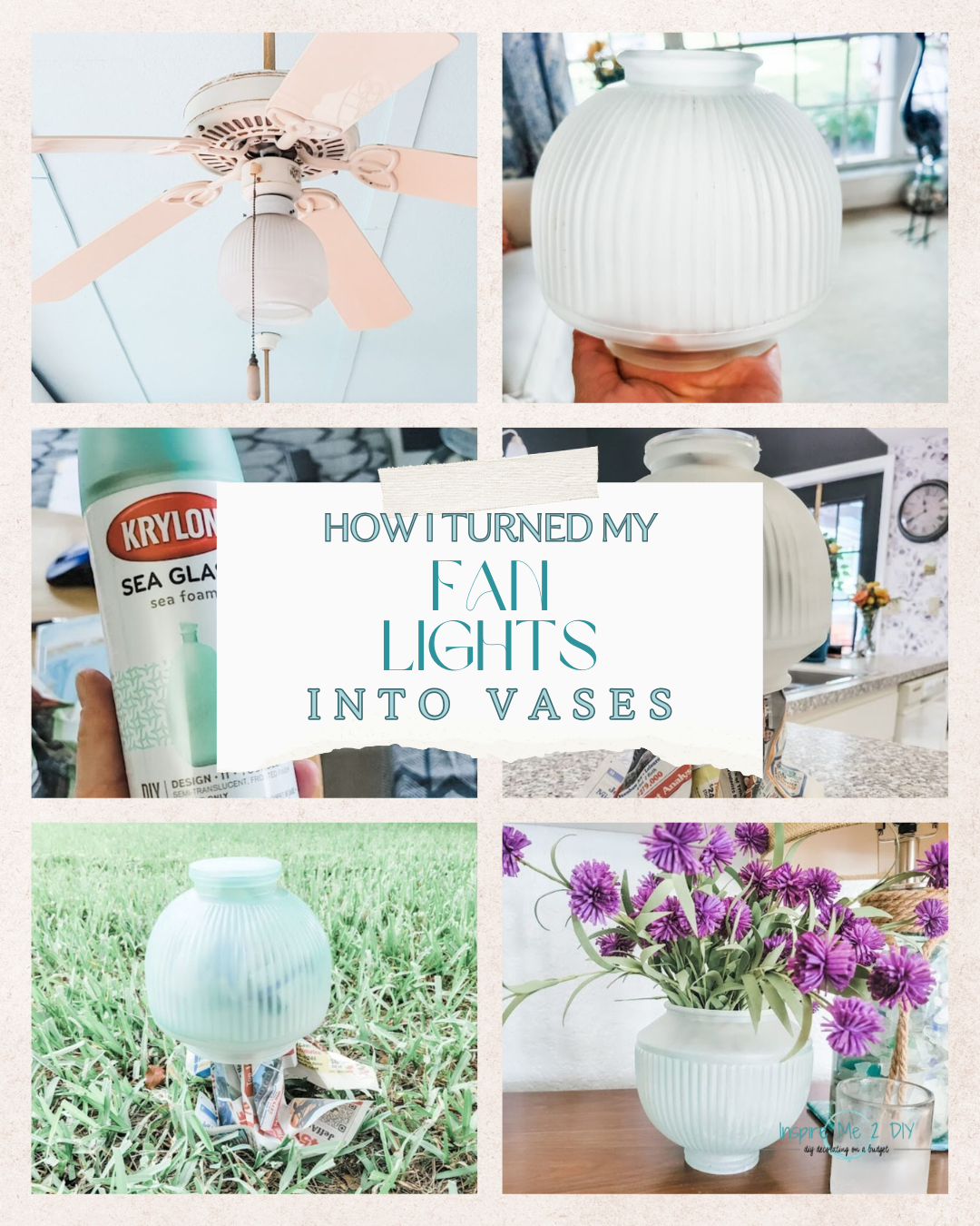 collage of 6 photos of fan lights into vases craft project