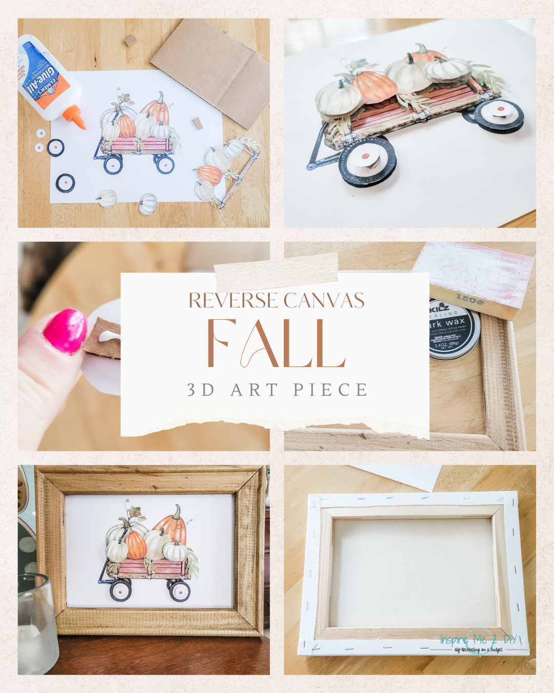 collage of 6 photos of reverse canvas fall 3D art piece