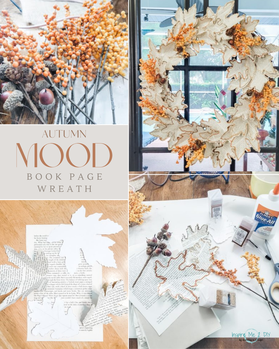 collage of 4 photos of book page wreath craft