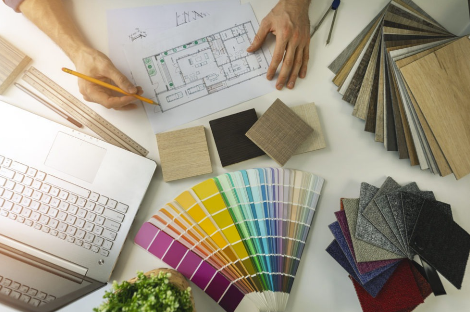 home design drawings with color paint chips