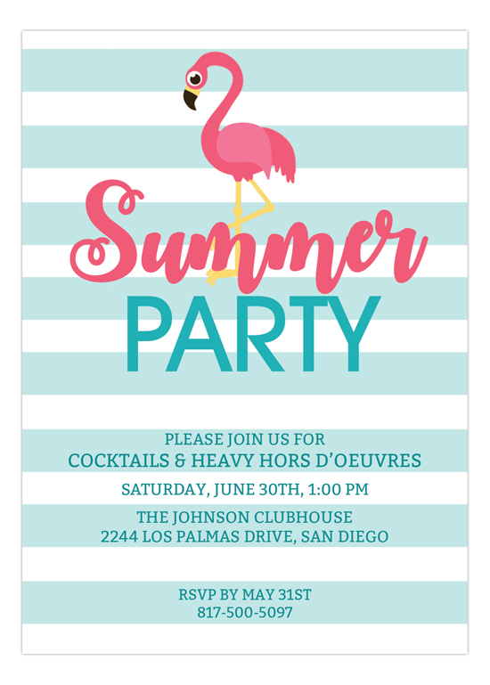 Summer party invitation with blue stripes and flamingo