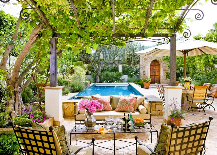 outdoor seating with swimming pool