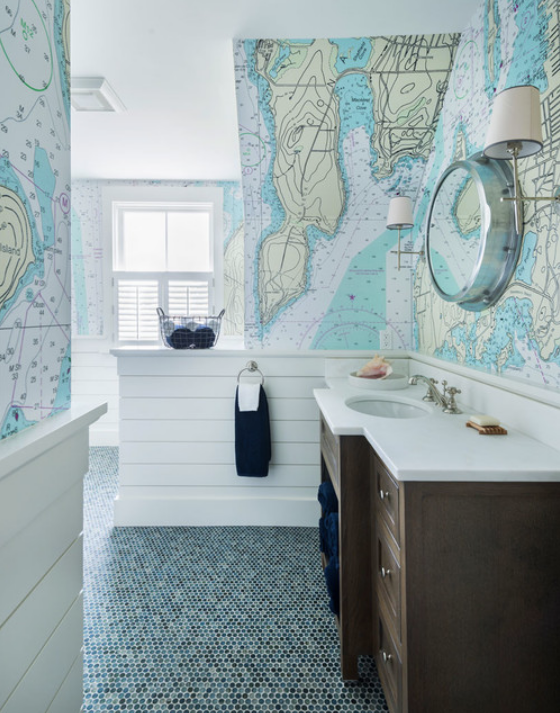 bathroom with nautical map wallpaper