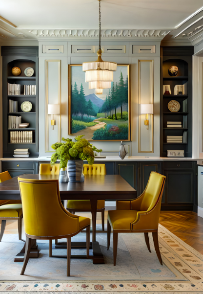 dining room with dark blue walls and mustard-colored chairs