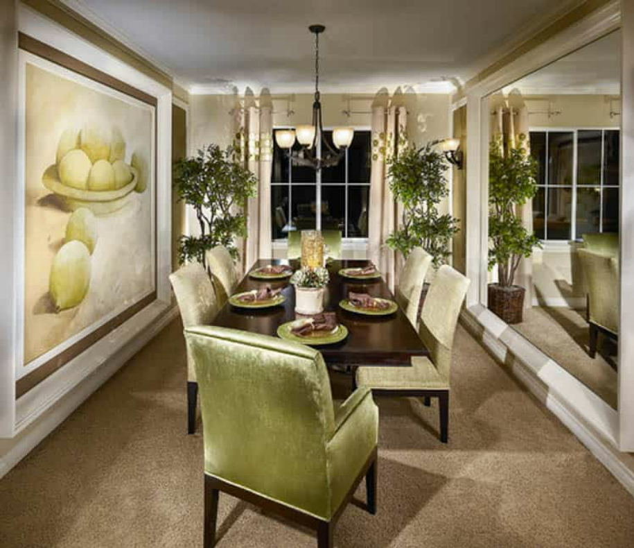 dining room with green velvet chairs