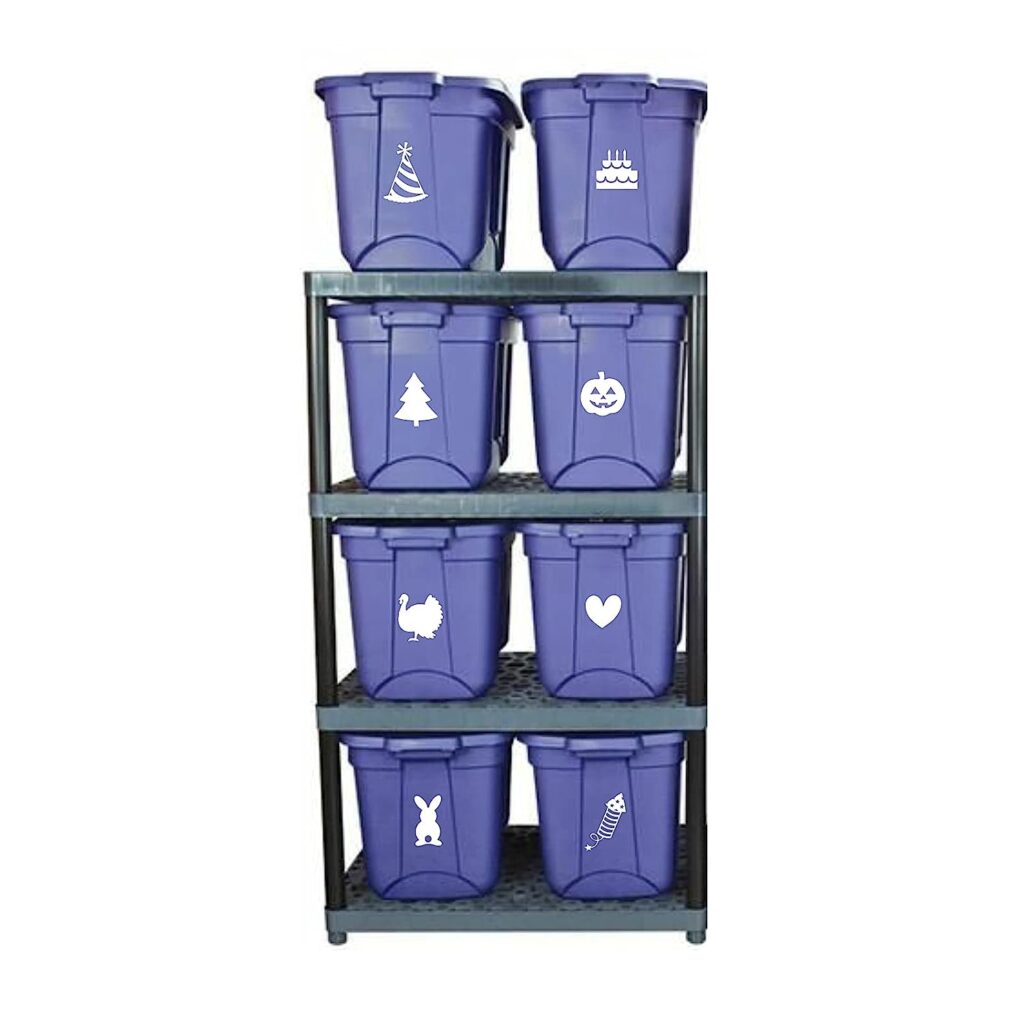 stack of blue storage bins on storage shelving