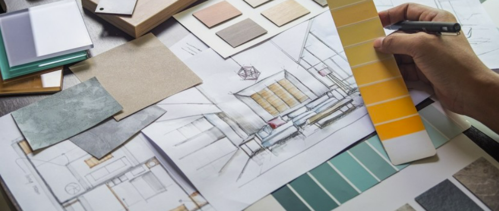 home design drawings with color paint chips