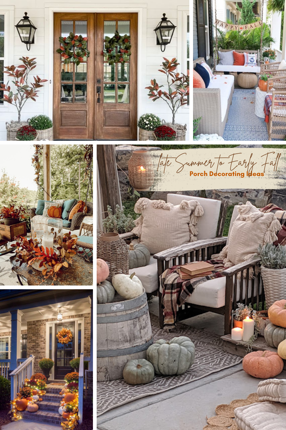 collage of 5 photos of late summer to early fall front porch decorating ideas