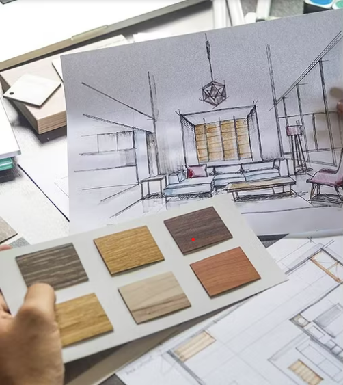 home design drawings with color paint chips