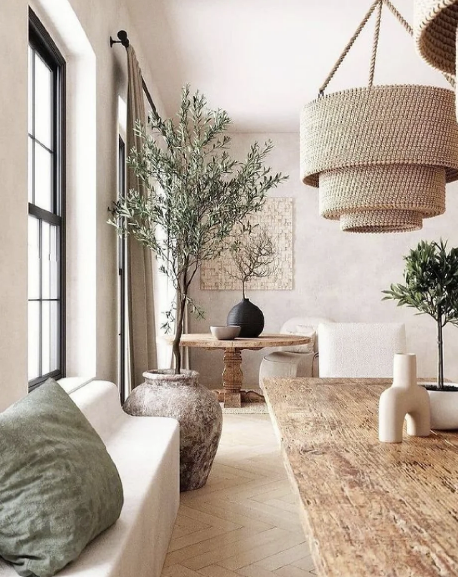 white living room with natural fiber textures and lighting