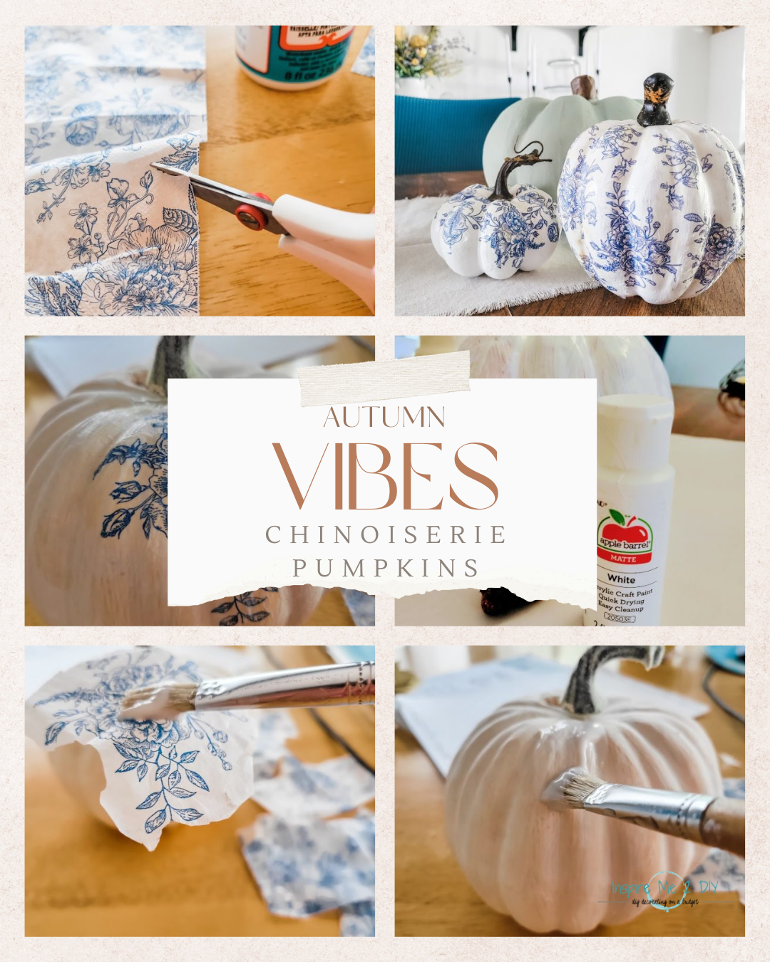 collage of 6 photos of chinoiserie pumpkin craft