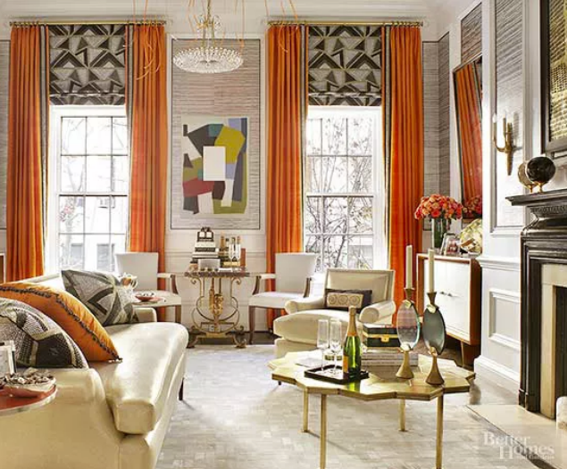 modern living room with orange curtains