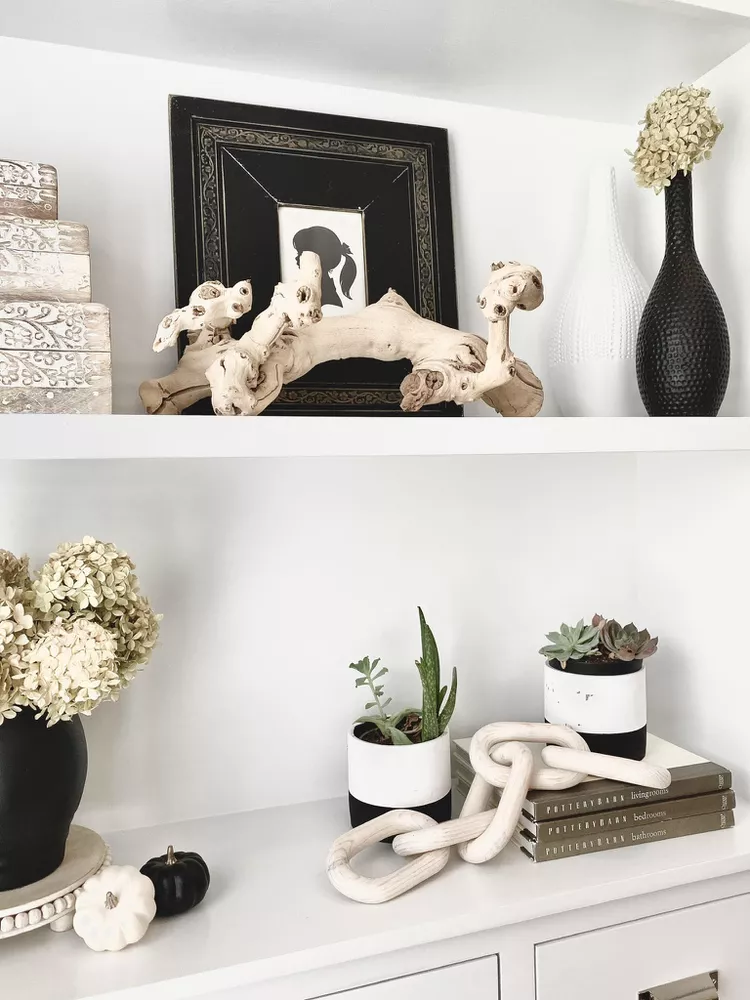 decorative items on white shelves