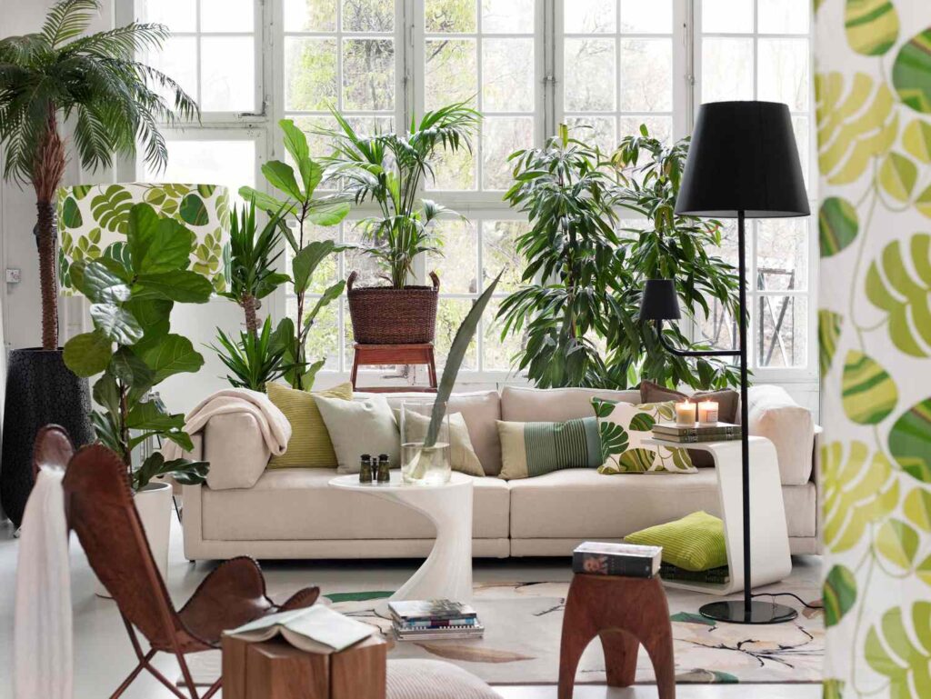 living room with white couch and many plants