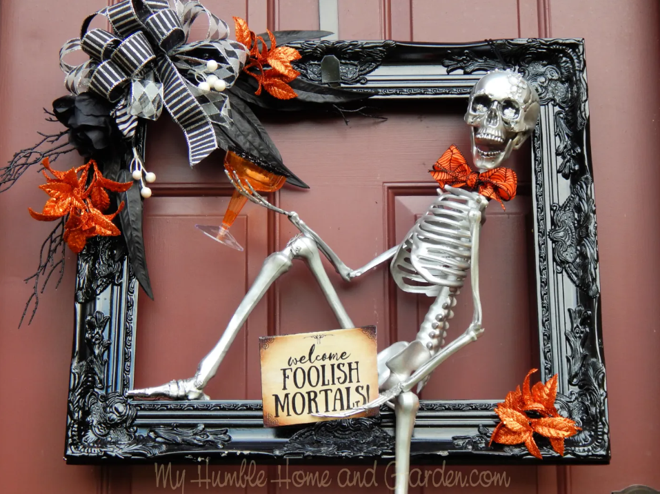 square picture frame wreath with plastic skeleton