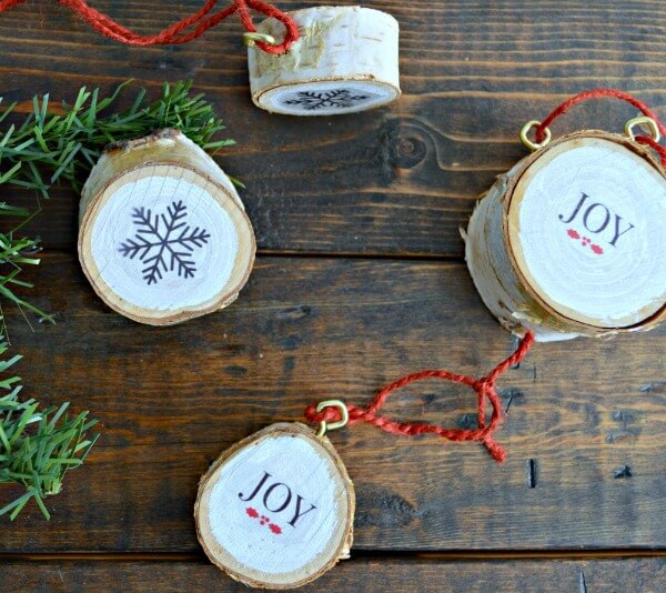 wood slice ornaments with red string