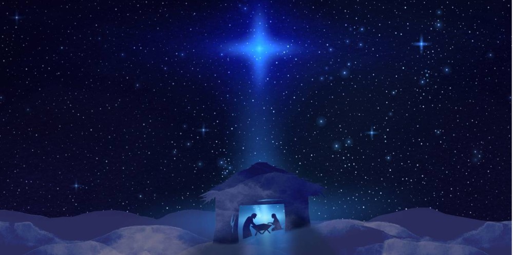 Blue background with a bight light and the nativity below.