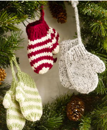 three pairs of knitted mitten Christmas ornaments