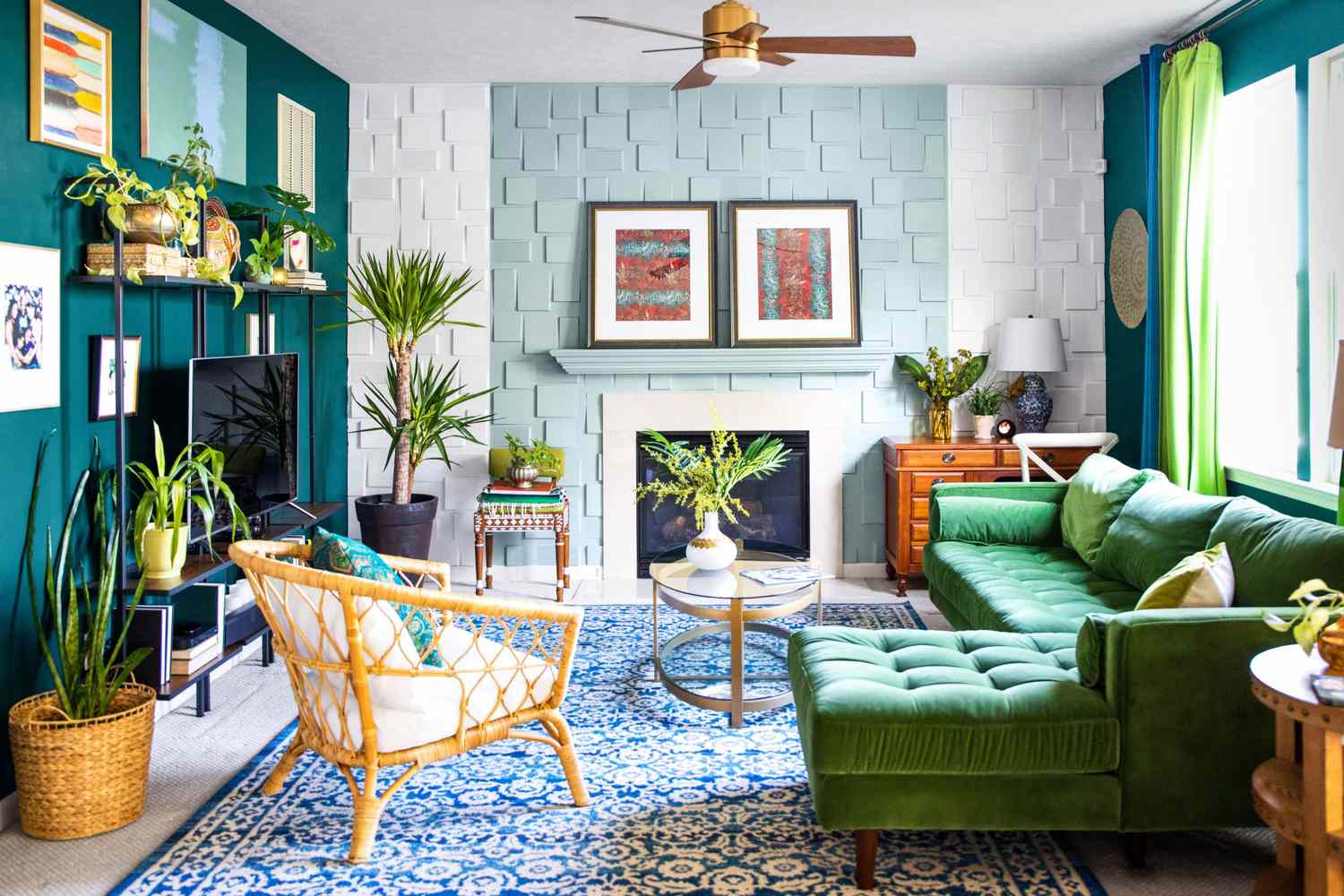 living room with tturquoise fireplace, green sofa and a blue rug DIY extends beyond arts and crafts
