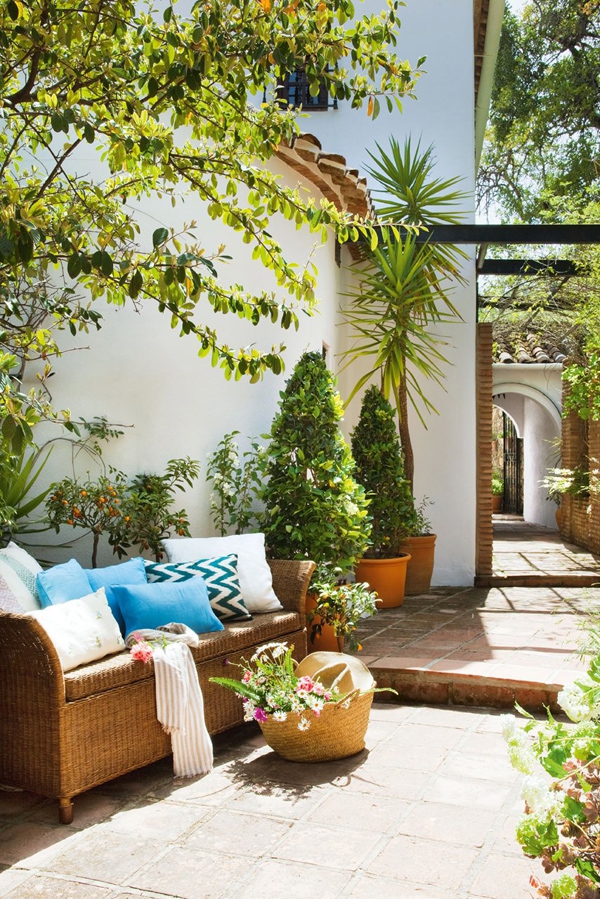 outdoor living with furniture and plants