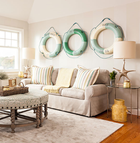 Living room with turquoise life rings on the wall