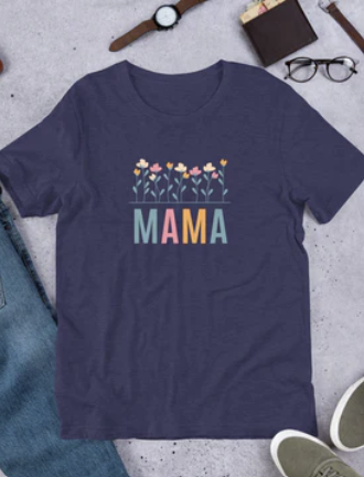 dark blue tee with flowers and Mama written on it