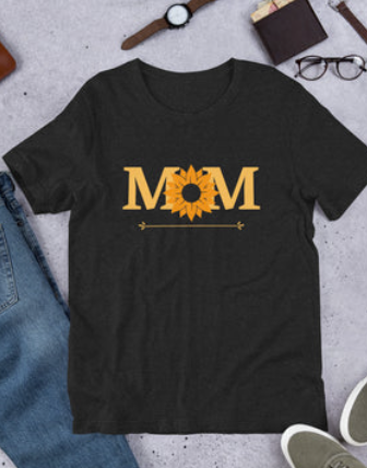 black tee with mom on the front and a sunflower