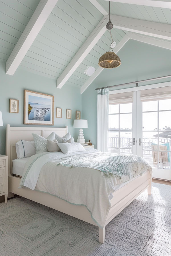 blue bedroom with large rafters, big windows and hardwood flooring