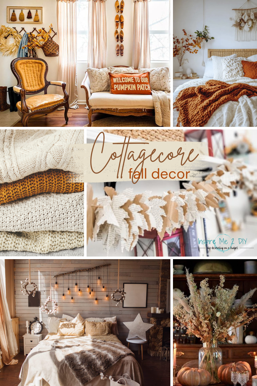 collage of 6 photos of cottagecore fall decor