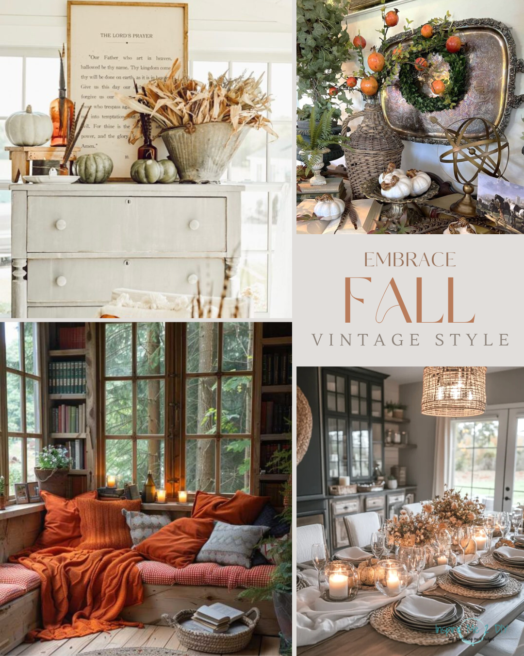 collage of 6 photos of fall vintage style decor
