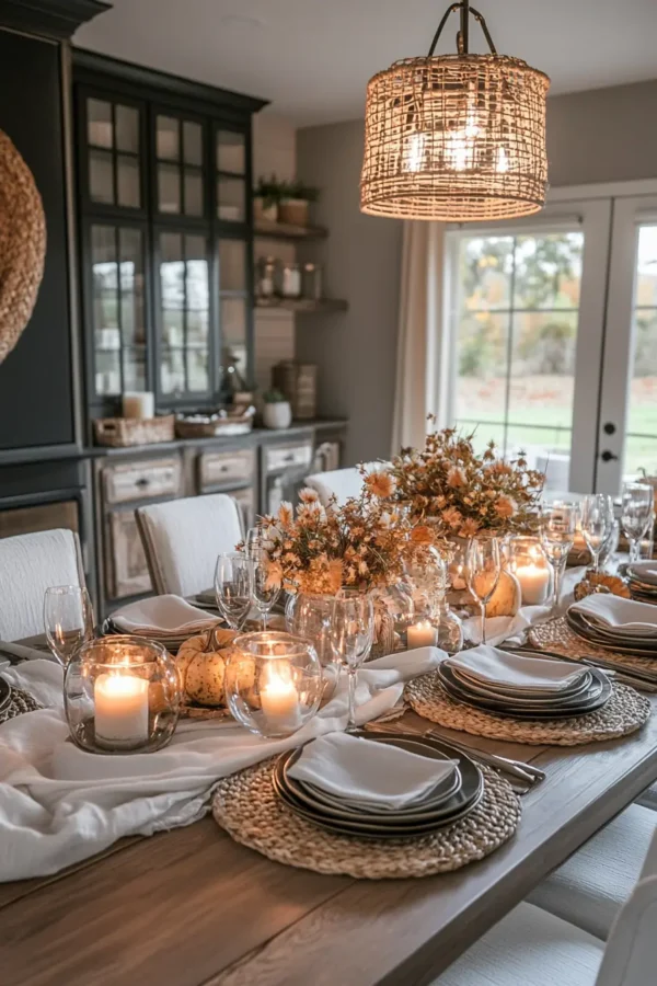 dining room with a bunched up table runner with pumpkin candle holders, dried flowers, and woven plate chargers embrace fall vintage style