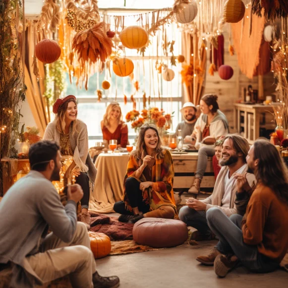 a group of people sitting on the floor and in the back laughing with fall decor everywhere