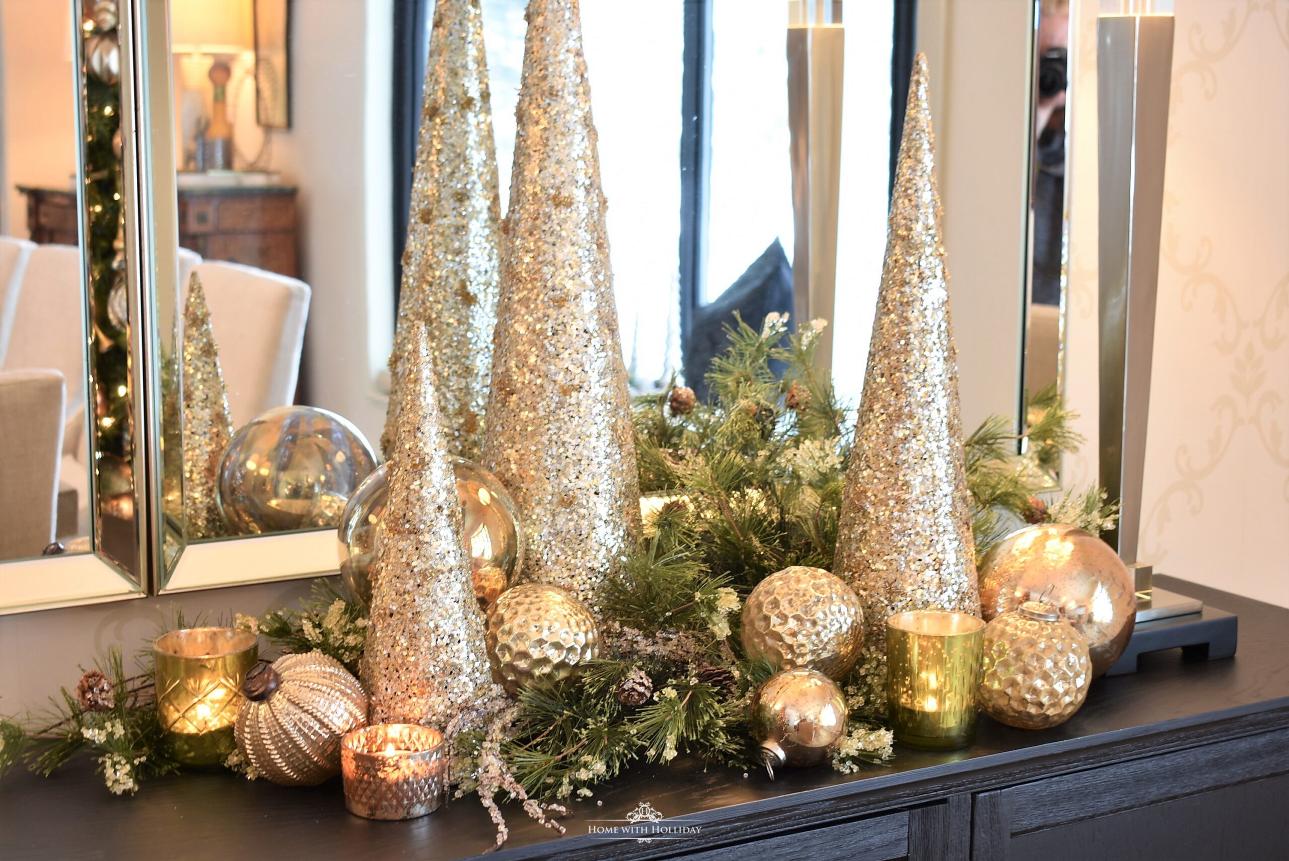 silver glitter Christmas tree centerpiece with greenery and metallic ornaments create a stunning Christmas arrangement in 3 simple steps