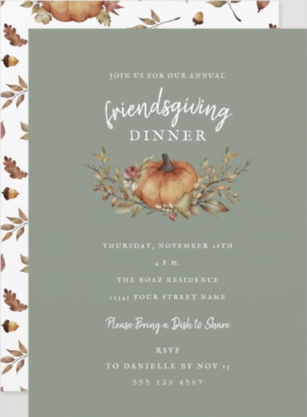 friendsgiving invitation from Zazzle. Sage green with an orange pumpkin hosting a friendsgiving dinner