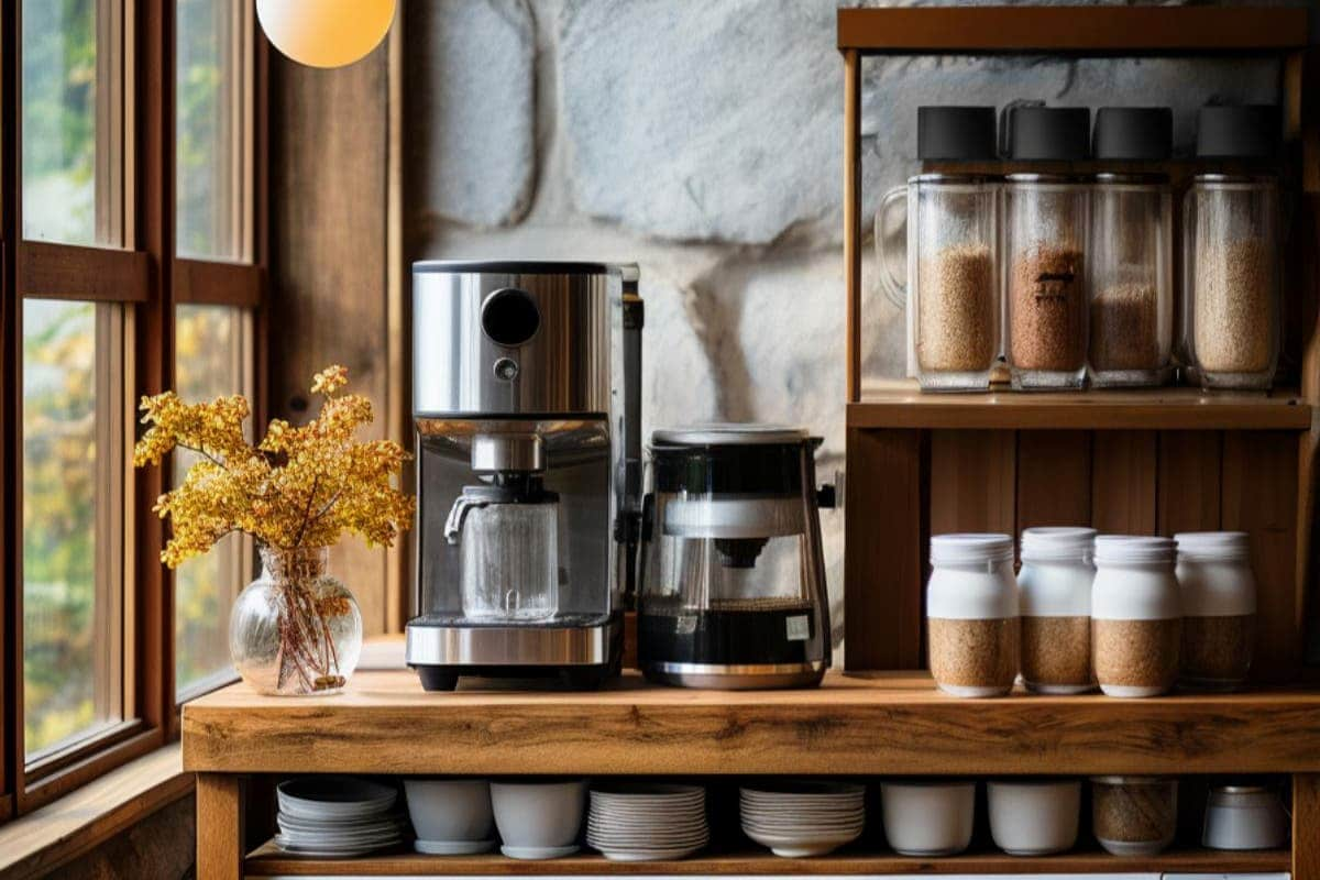 coffee bar set up at home on a wood table with white dishes