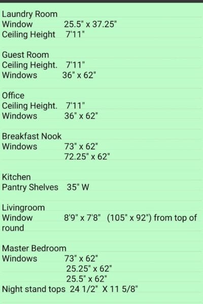 house measurements list from the note app on my phone