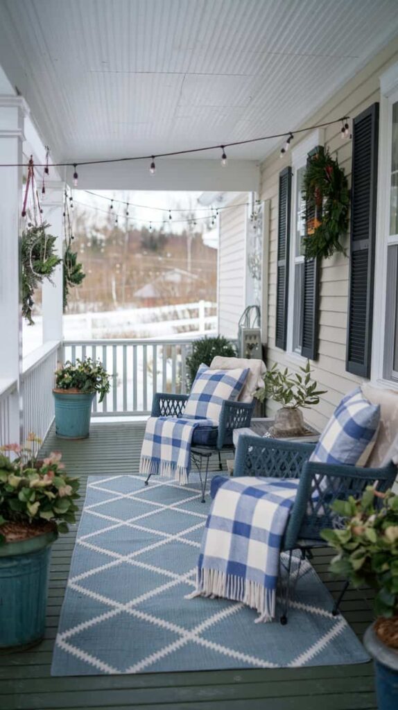 two chairs with blankets on a front porch in winter