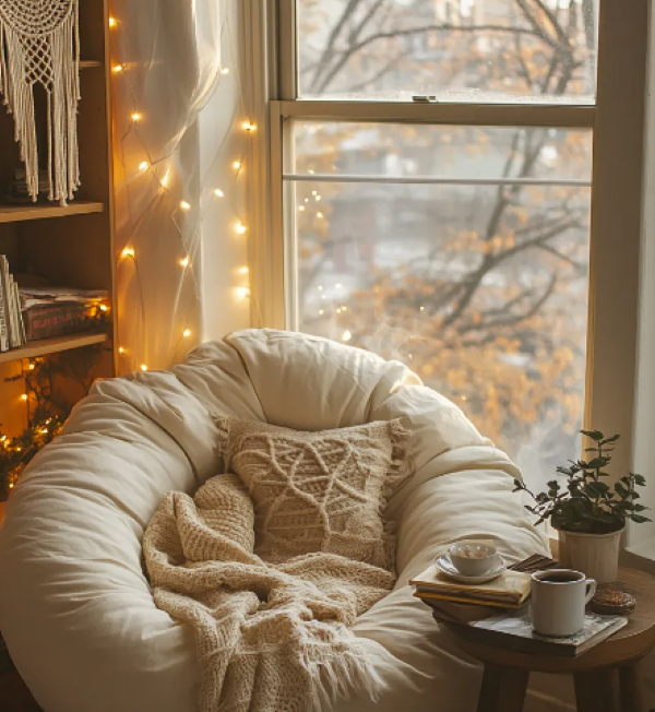 a papasan chair in a reading nook