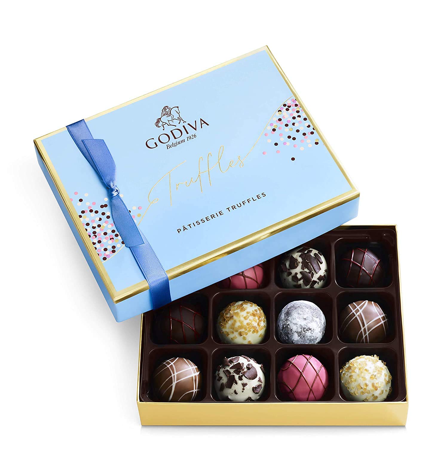 an open blue box of 12 Godiva chocolate truffles Easter basket ideas for adults