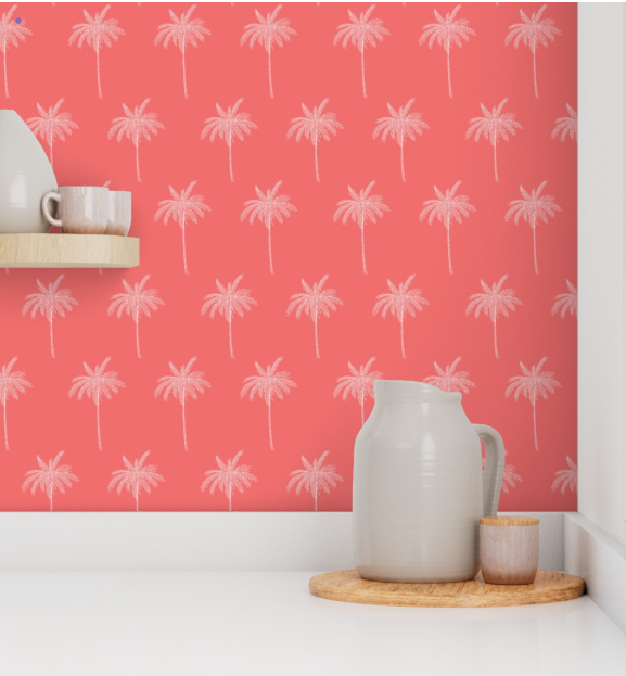 coral wallpaper with white palm trees