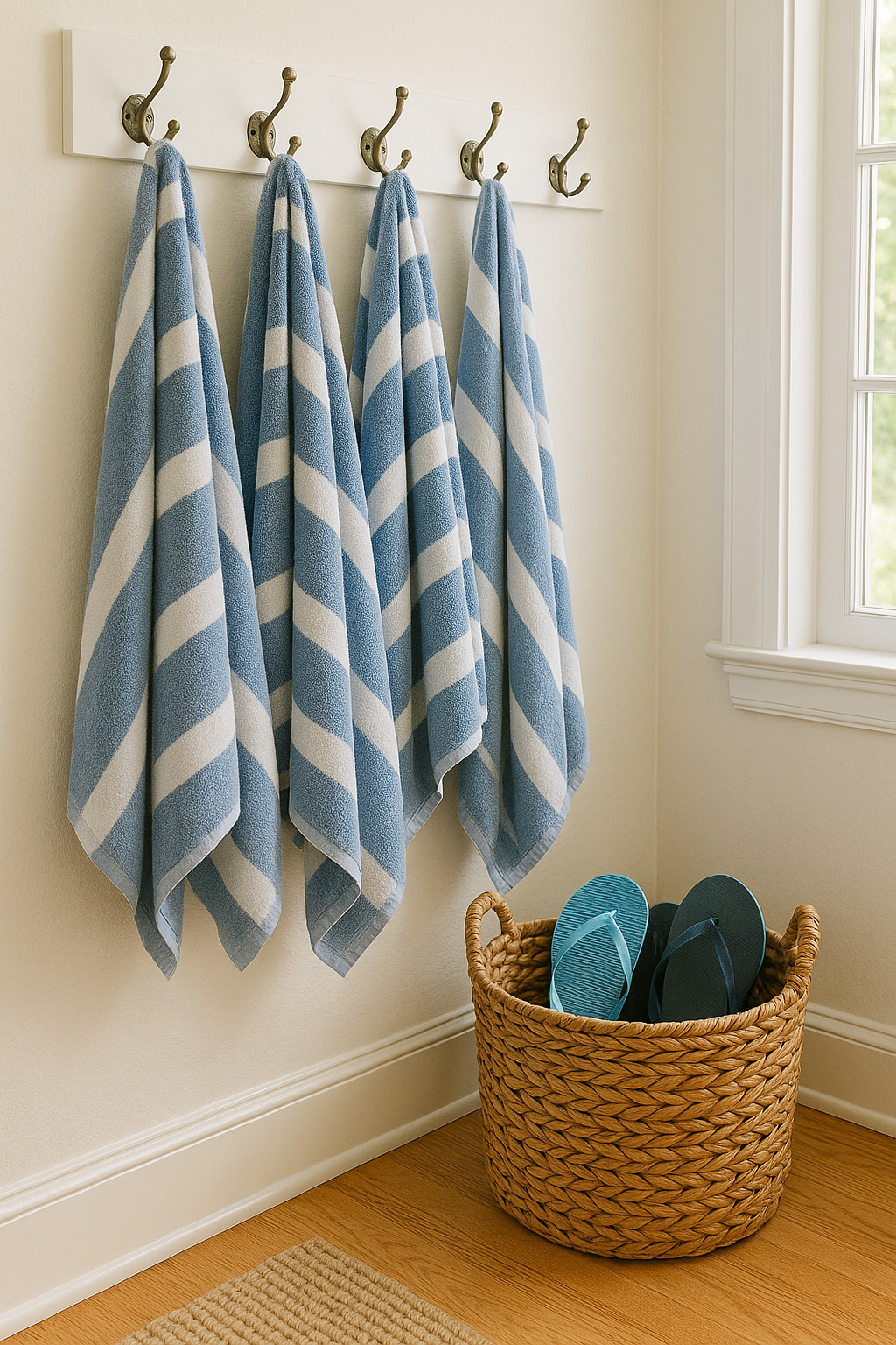 an entryway station with a basket for flip flops and hooks for towels