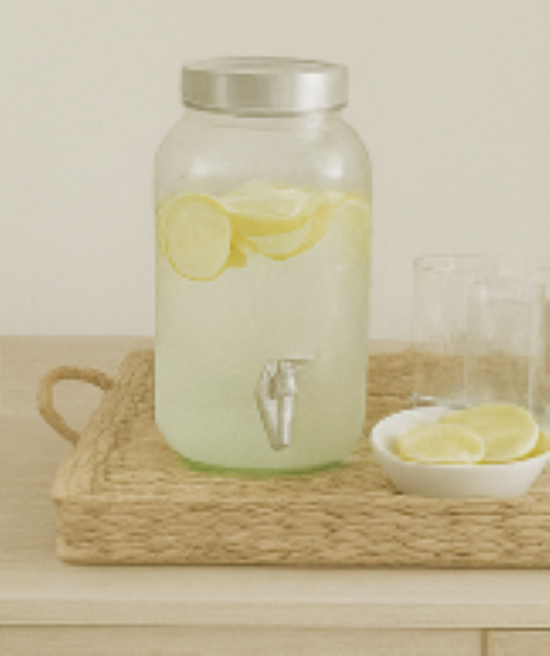 A large jar of lemonade sitting in a rattan tray with a dish of sliced lemons sitting beside how to add a relaxing summertime vibe to your home