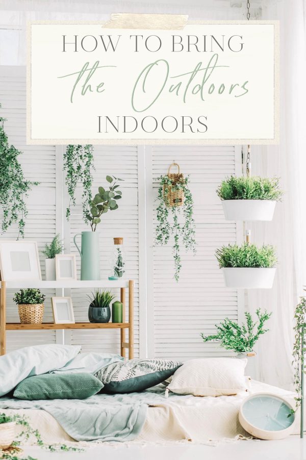 bringing the outdoors indoors poster with many plants hanging on a white wall.