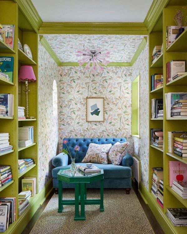 green reading nook with wallpaper